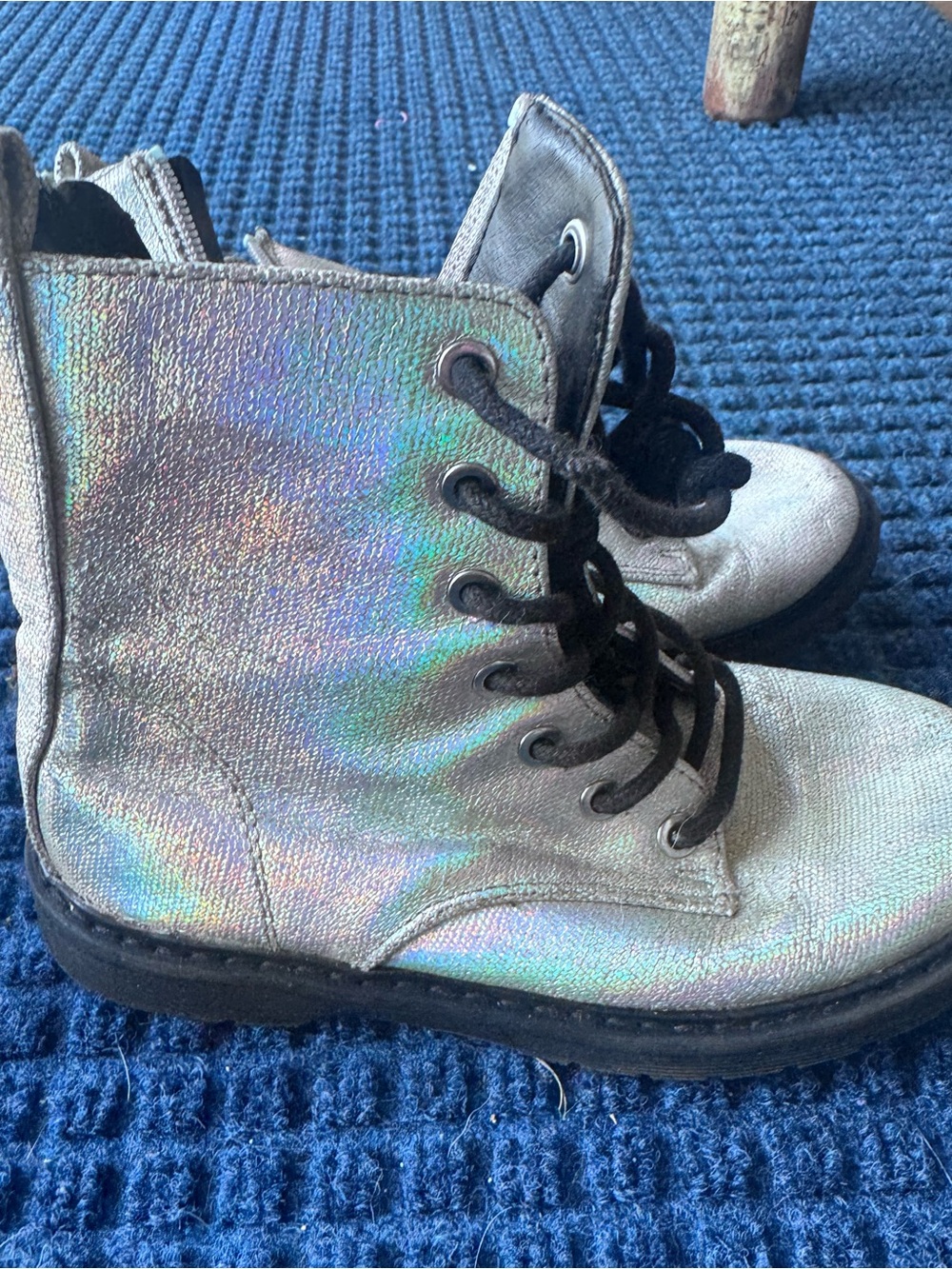 Kids Holographic Lace-Up Boots - Iridescent Silver